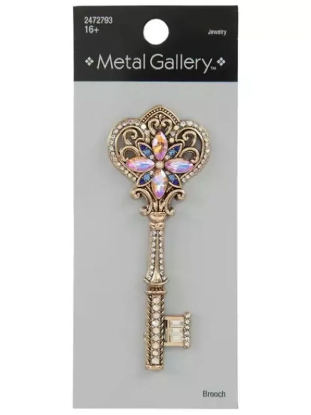 New Metal Gallery Gold-Tone Jeweled Key Brooch with Aurora Borealis Stones